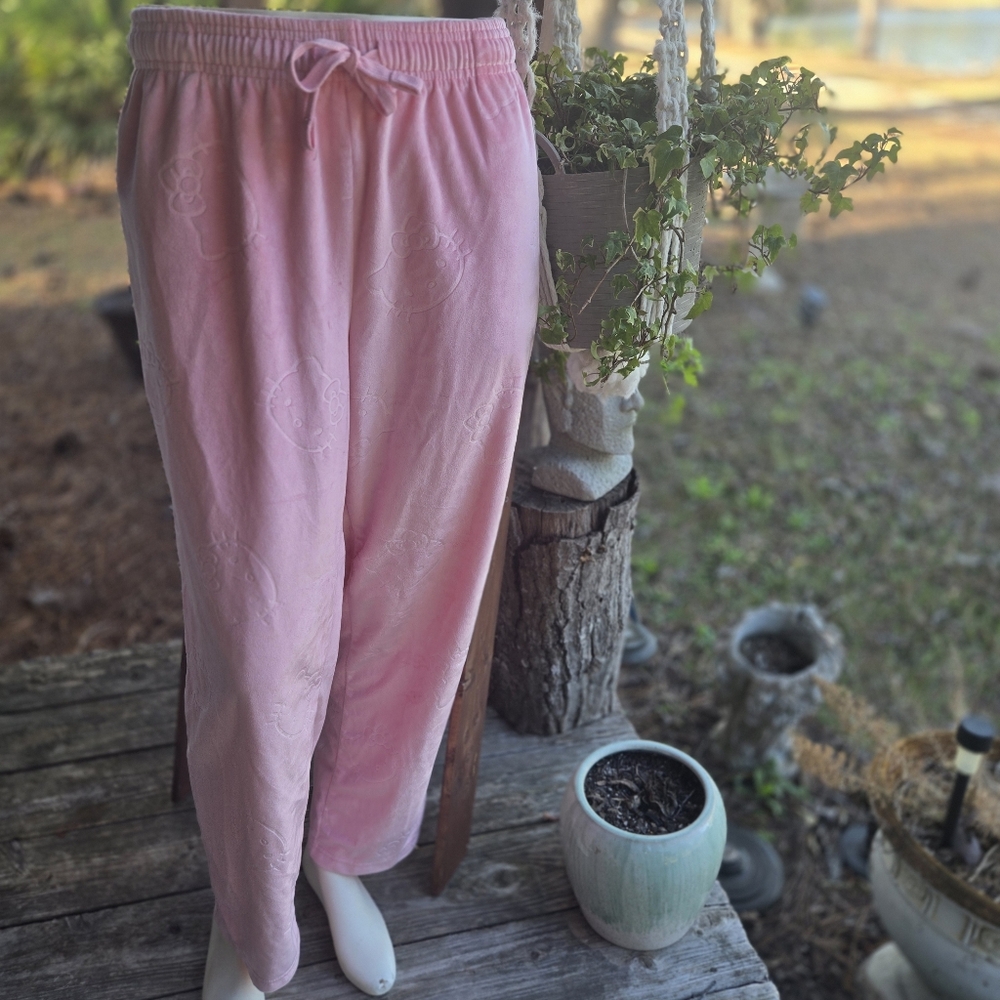 Hello Kitty Pink Plush Velour Pajama Loungewear Pants Size Large